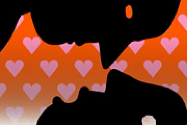 Die Silhouetten zweier sich küssender Personen vor einem Hintergrund mit Herzen.