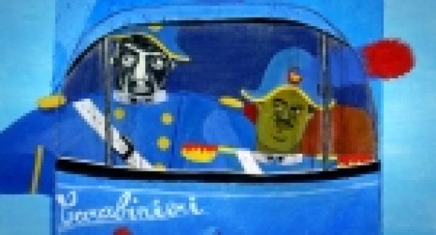 Zwei Carabinieri sitzen in einem blauen Auto.