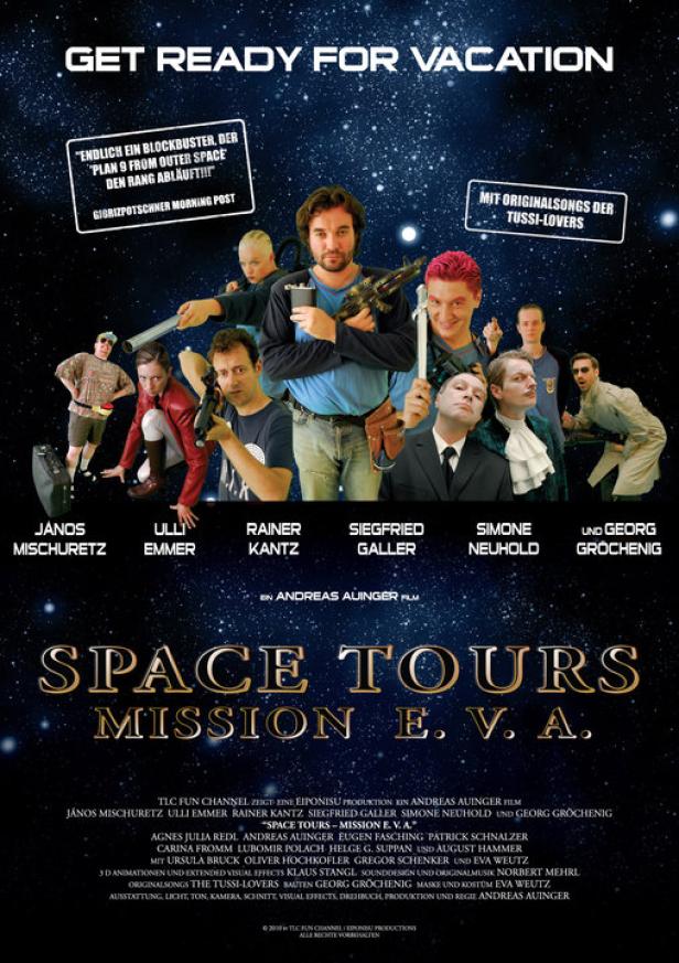 Das Filmplakat für „Space Tours: Mission E.V.A.“ zeigt eine Gruppe bewaffneter Personen vor einem Sternenhintergrund.