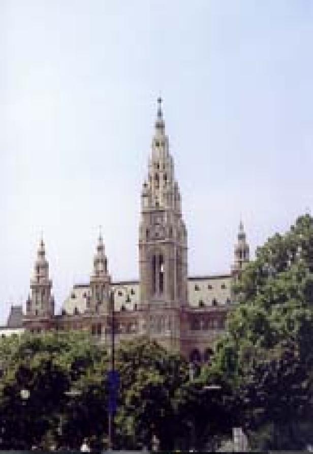 Das Wiener Rathaus mit seinem markanten Turm, umgeben von Bäumen.