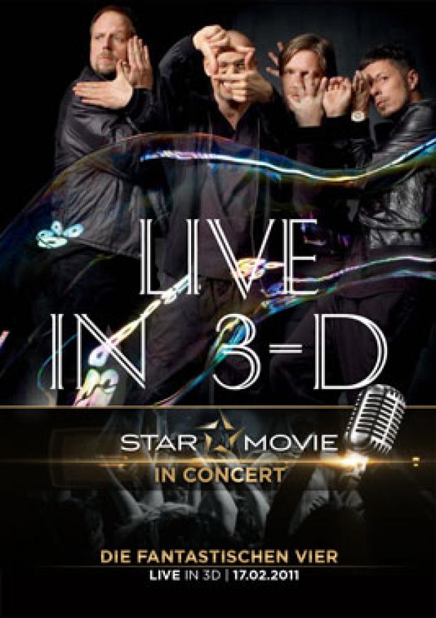 Das Cover des Konzertfilms „Live in 3-D“ von Die Fantastischen Vier zeigt die Band hinter Seifenblasen.