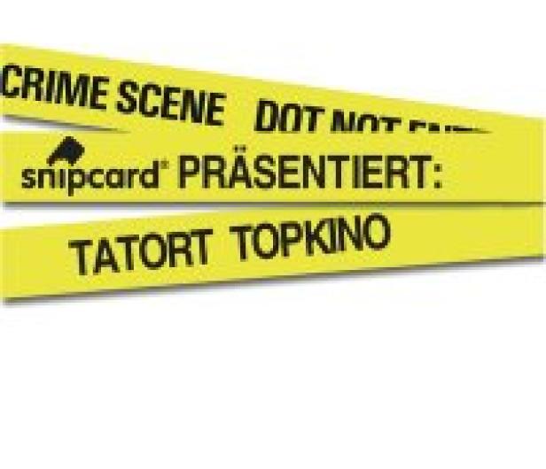 Gelbes Absperrband mit der Aufschrift „Crime Scene“, „snipcard präsentiert: Tatort Topkino“.