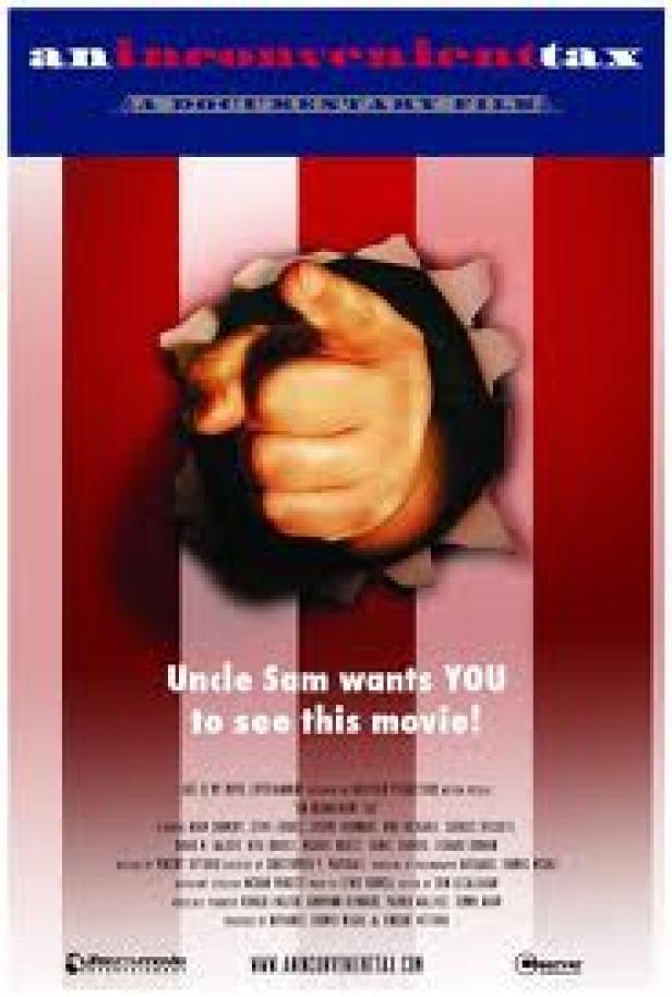 Das Filmplakat für „An Inconvenient Tax“ zeigt Onkel Sams Zeigefinger, der durch eine Wand bricht.