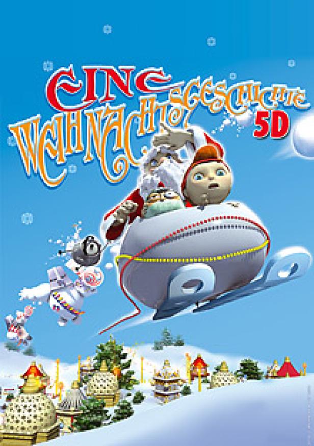 Das Cover des Films „Eine zauberhafte Weihnachtsgeschichte 5D“ zeigt animierte Figuren in einem fliegenden Schlitten.