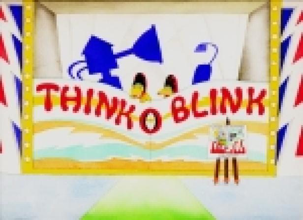 Ein Cartoon mit der Aufschrift „Think O Blink“ und einer Figur, die durch ein Loch schaut.