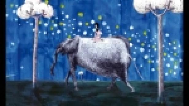 Ein Mädchen reitet auf einem Elefanten durch eine fantastische Landschaft.
