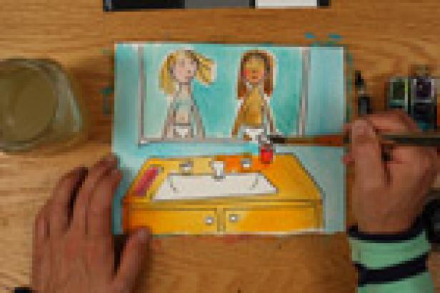 Eine Person malt mit einem Pinsel eine Illustration von zwei Mädchen vor einem Spiegel über einem Waschbecken.