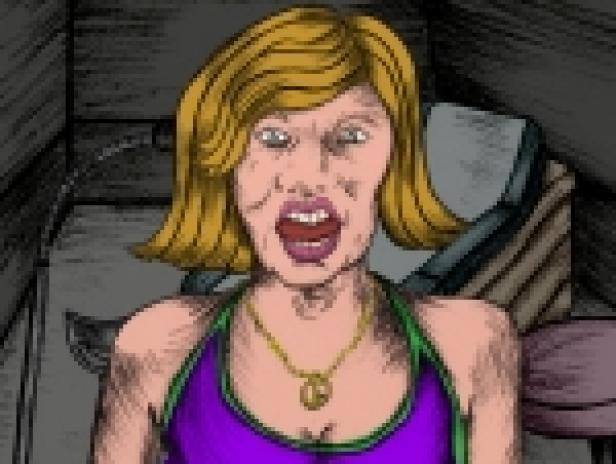 Eine animierte Frau mit blonden Haaren und einem lila Top schreit.