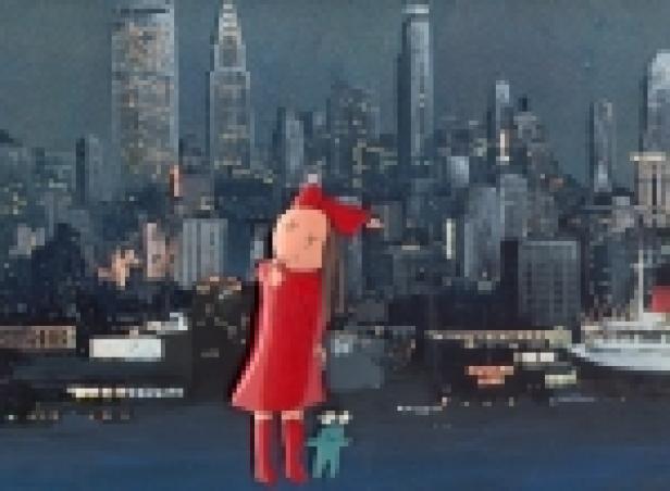 Eine animierte Figur in einem roten Kleid steht vor einer Skyline bei Nacht.