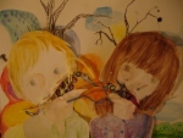 Eine Illustration von zwei Kindern, die an einer Kette mit Beeren ziehen.
