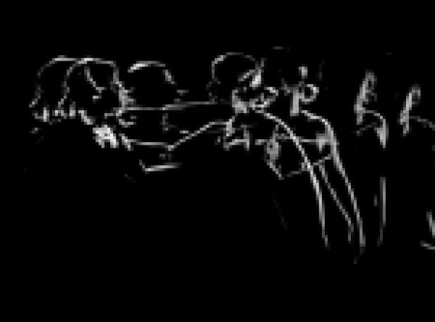 Eine stilisierte Darstellung einer Gruppe von Menschen in einer dunklen Umgebung.