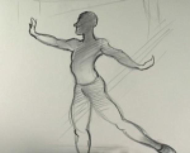 Eine Skizze einer männlichen Figur in einer dynamischen Pose.