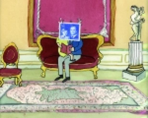Eine Person sitzt auf einem Sofa und liest ein Buch, wobei ein blaues Bild ihr Gesicht verdeckt.