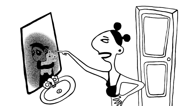 Eine Frau zeigt auf ihr Spiegelbild mit Hautunreinheiten.