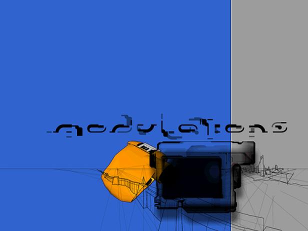 Das Wort „modulations“ über einem gelben Objekt und einer technischen Zeichnung.