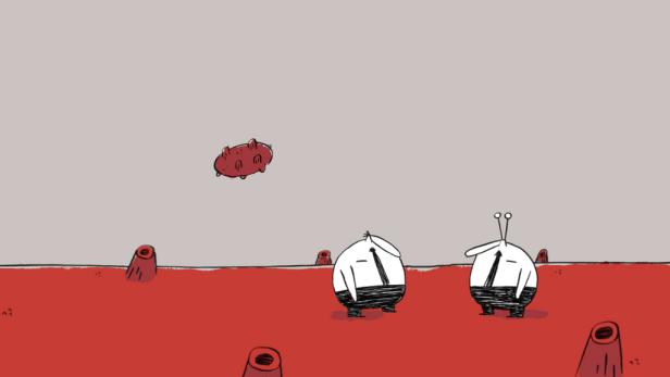 Zwei Cartoon-Figuren in Anzügen stehen auf einer roten Oberfläche, während ein rotes Objekt in der Luft schwebt.