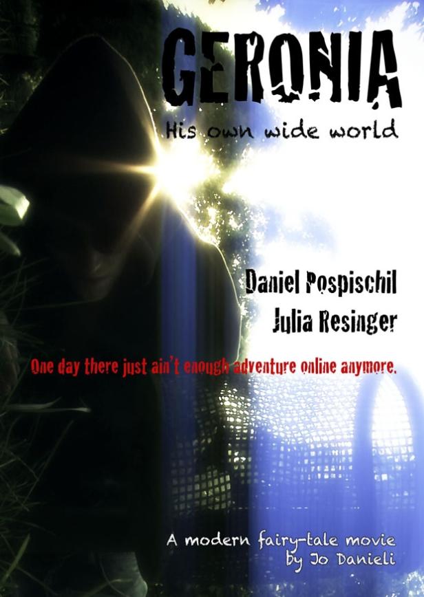 Das Filmplakat für „Geronia“ zeigt eine Person mit Kapuze vor einer mystischen Landschaft.