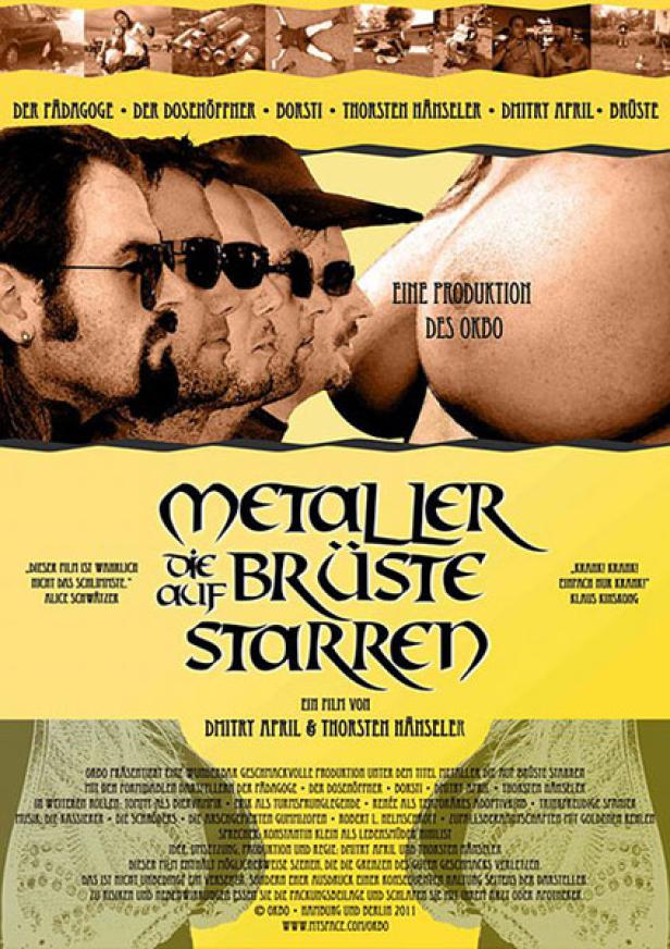 Das Filmplakat zu „Metaller auf Brüste starren“ zeigt vier Männer und eine nackte Frau.