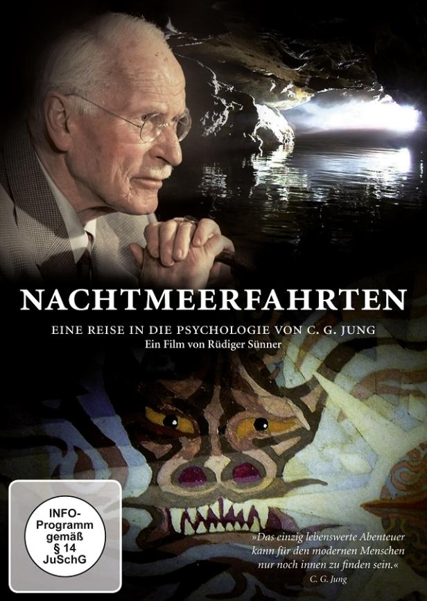 Das Filmplakat für „Nachtmeerfahrten“ zeigt C.G. Jung vor einer Höhle und einem stilisierten Drachen.