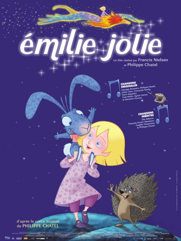 Das Filmplakat für „Émilie Jolie“ zeigt Émilie mit einem blauen Hasen und einem Igel vor einem sternenklaren Himmel.