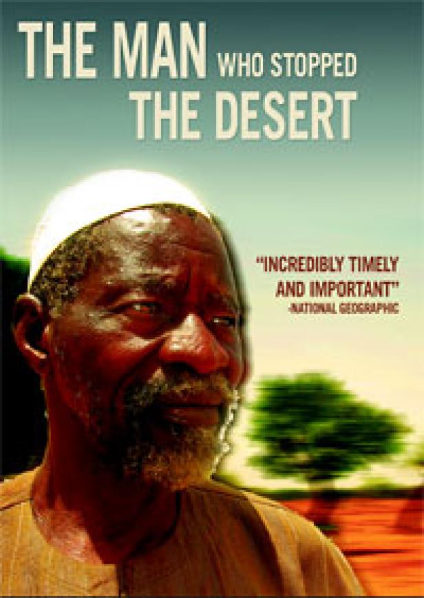 Das Filmplakat für „The Man Who Stopped the Desert“ zeigt einen Mann mit weißer Kopfbedeckung.