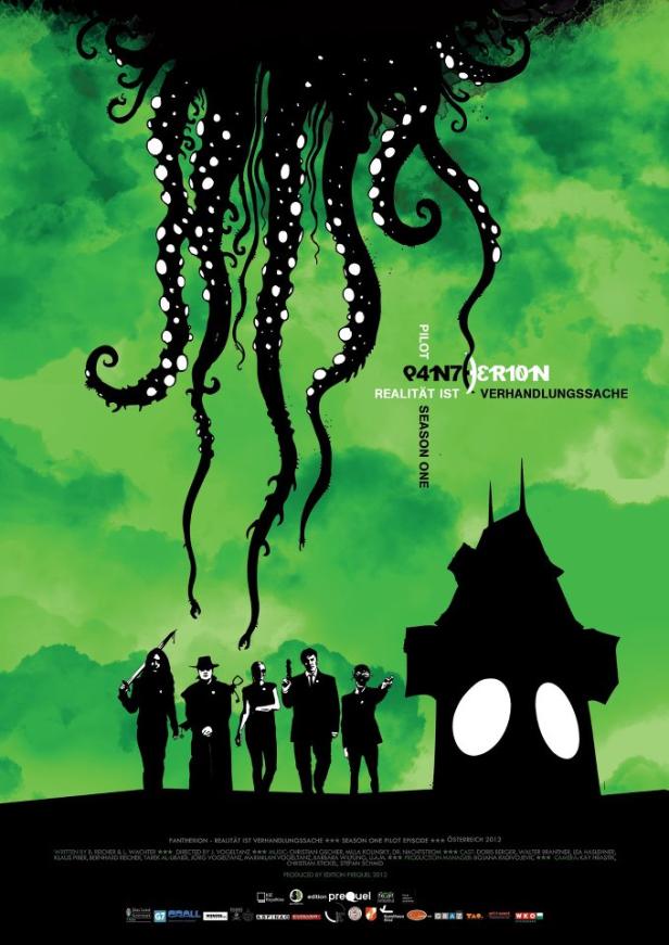 Ein stilisierter Filmposter mit Tentakeln, einer Gruppe von Leuten und einem Haus im Schattenriss vor grünem Hintergrund.