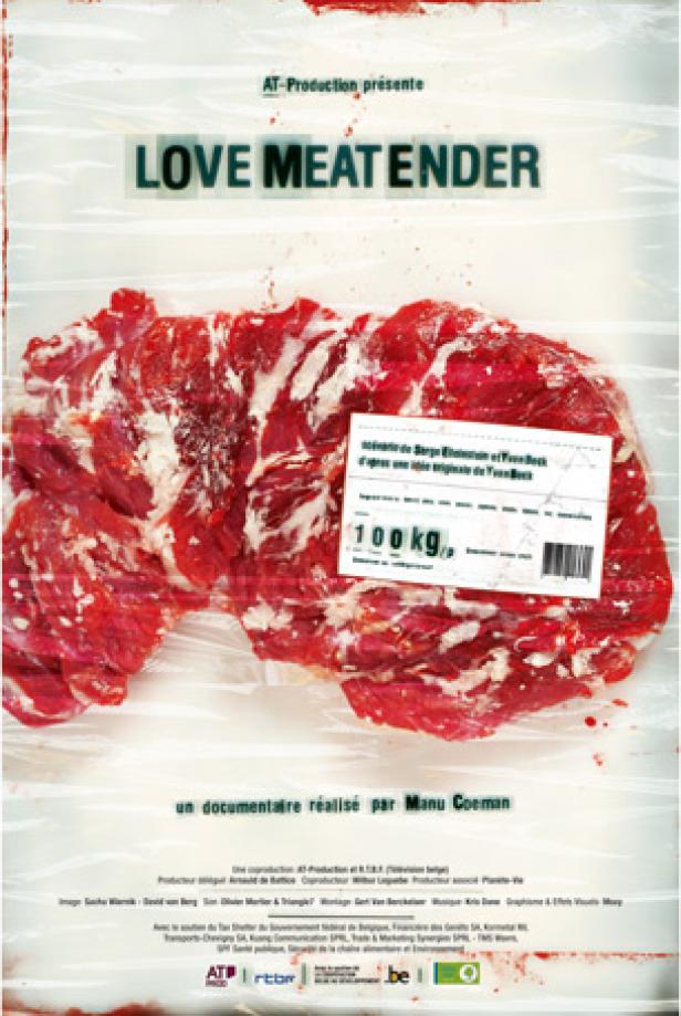 Das Filmplakat für den Dokumentarfilm „Love Meat Ender“ zeigt ein großes Stück rohes Fleisch.