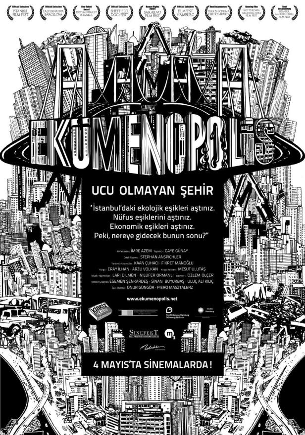 Ein schwarz-weißes Filmplakat für „Ekumenopolis“, das eine überfüllte Stadtlandschaft zeigt.