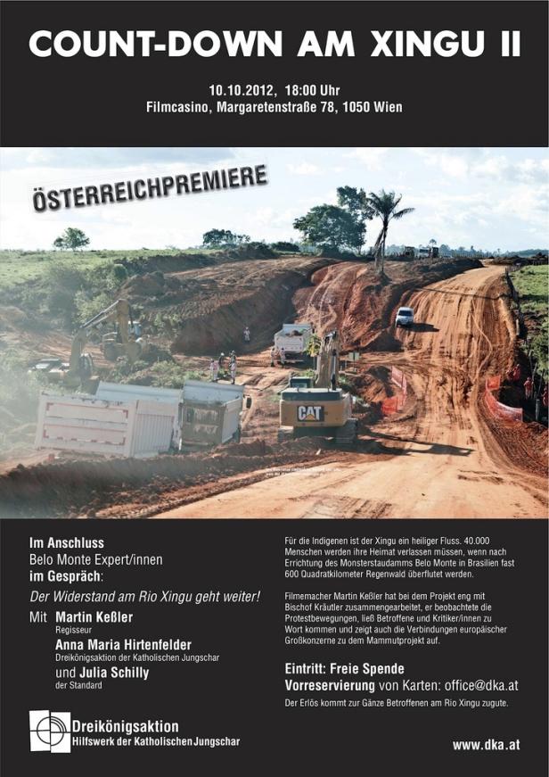 Plakat für „Count-Down am Xingu II“ mit einer Baustelle am Rio Xingu im Hintergrund.