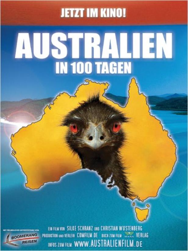 Ein Filmposter für „Australien in 100 Tagen“ mit einem Emukopf vor einer Karte von Australien.