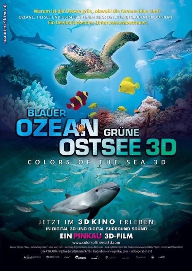 Das Poster für den 3D-Film „Blauer Ozean Grüne Ostsee“ zeigt eine Unterwasserwelt mit verschiedenen Meeresbewohnern.