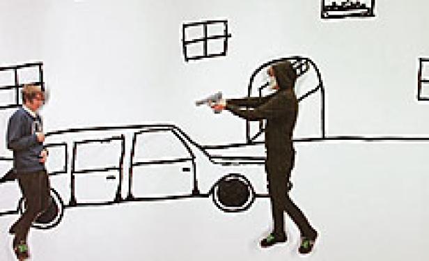 Eine Person mit einer Pistole zielt auf eine andere Person vor einer gezeichneten Kulisse.