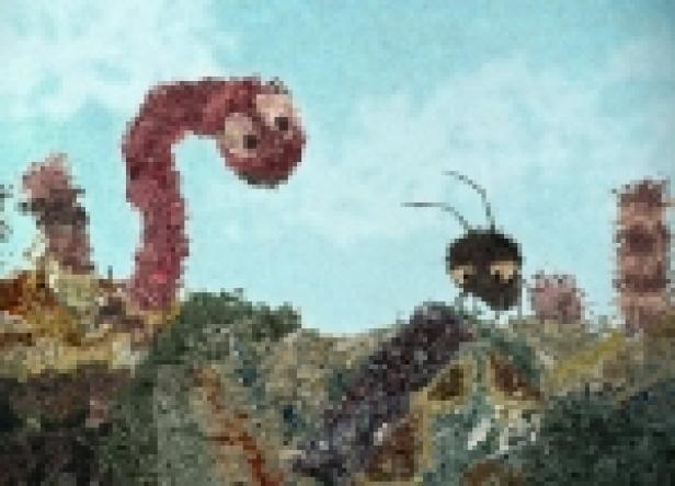 Ein animierter Wurm und eine Ameise stehen auf einem Hügel.