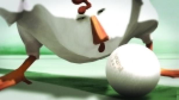 Ein animiertes Huhn balanciert einen Ball mit seinem Schnabel.