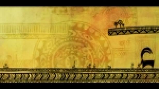 Eine stilisierte Darstellung einer antiken Szene mit Figuren auf einem verzierten Hintergrund.