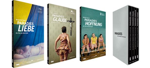 Die DVD-Box der „Paradies“-Trilogie von Ulrich Seidl mit den Filmen „Liebe“, „Glaube“ und „Hoffnung“.