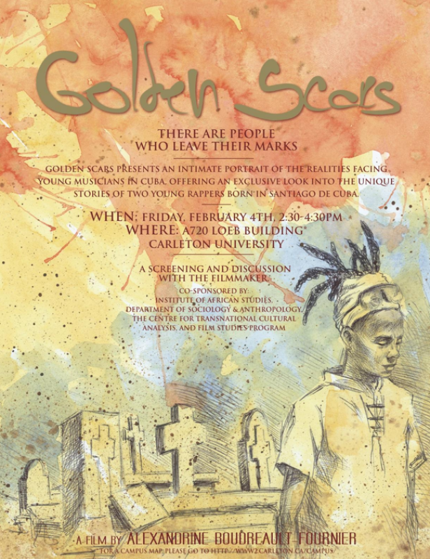 Ein Veranstaltungsplakat für den Film „Golden Scars“ über junge Musiker in Kuba.