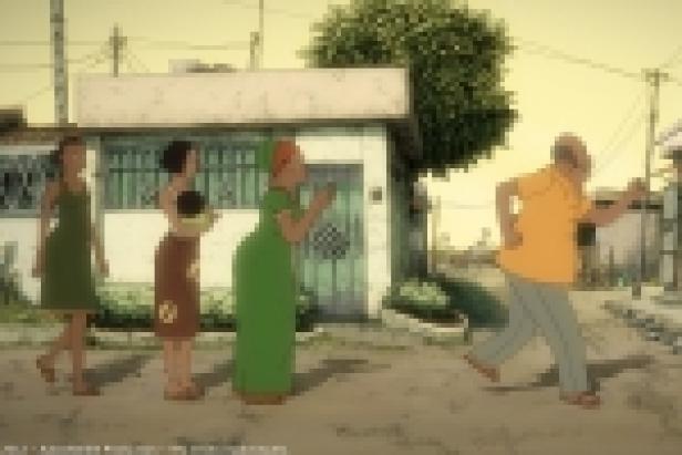 Eine Gruppe von Menschen geht eine Straße entlang.