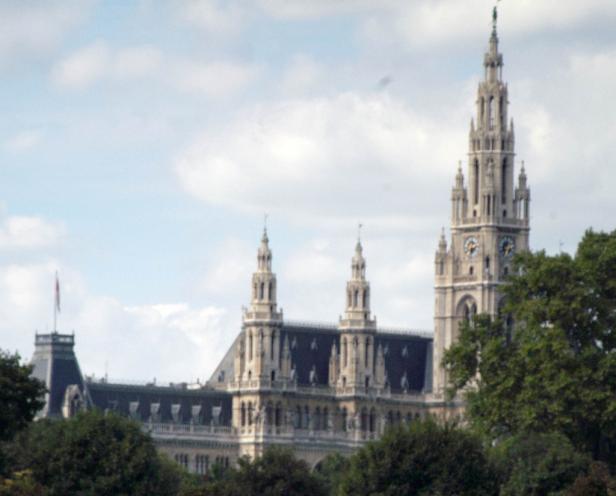 Das Wiener Rathaus mit seinem markanten Turm, gesehen durch Baumkronen.