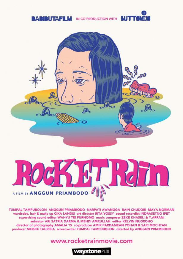 Das surreale Filmplakat für „Rocket Rain“ zeigt einen Kopf im Wasser, umgeben von skurrilen Elementen.