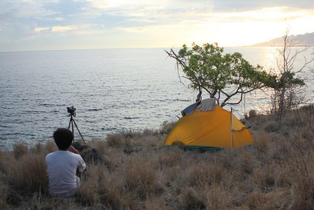 Ein gelbes Zelt steht am Ufer, während eine Person eine Kamera auf das Meer richtet.