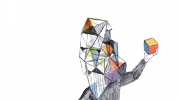 Eine stilisierte Zeichnung einer Person mit einem geometrischen Kopf, die einen Würfel hält.