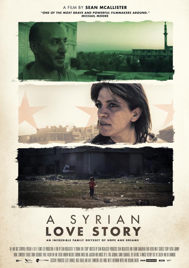 Das Filmplakat für „A Syrian Love Story“ zeigt drei Szenen aus dem Leben einer syrischen Familie.