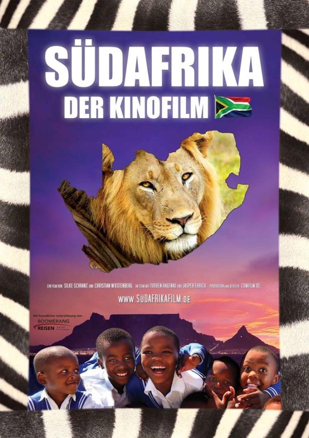 Das Filmplakat für „Südafrika – Der Kinofilm“ zeigt einen Löwen im Umriss des Landes.