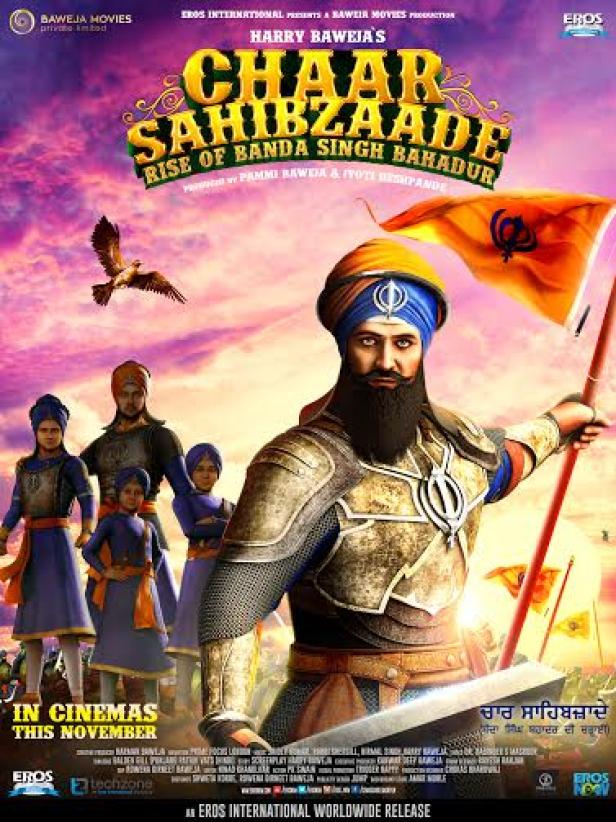 Das Filmplakat für „Chaar Sahibzaade: Rise of Banda Singh Bahadur“ zeigt Krieger mit Flagge.