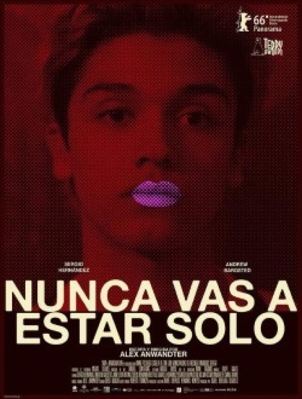 Das Filmplakat für „Nunca vas a estar solo“ zeigt ein Gesicht mit lila Lippen.