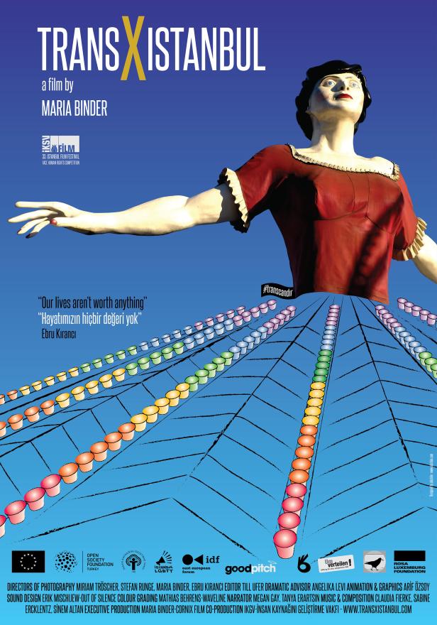 Das Filmplakat für „Trans X Istanbul“ zeigt eine Statue vor einem blauen Himmel und bunten Pillen.