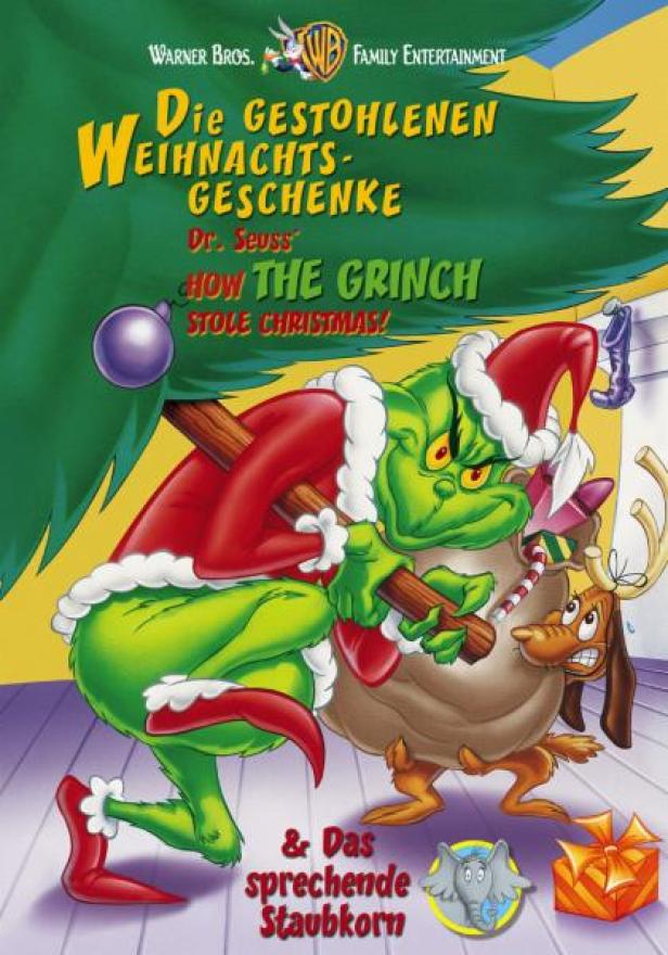 Das Cover des Films „Die gestohlenen Weihnachtsgeschenke“ mit dem Grinch und seinem Hund Max.