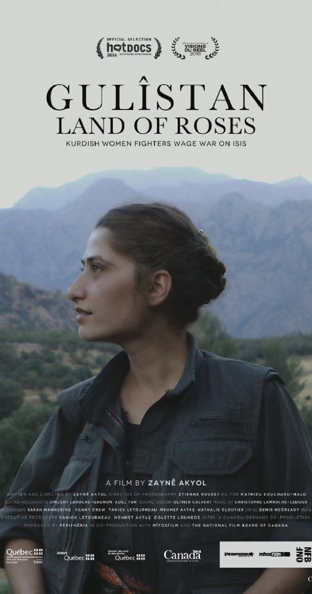 Das Filmplakat für „Gulîstan, Land of Roses“ zeigt eine kurdische Kämpferin vor einer Berglandschaft.