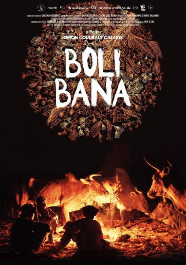 Das Filmplakat für „Boli Bana“ zeigt zwei Männer am Lagerfeuer mit Kühen.